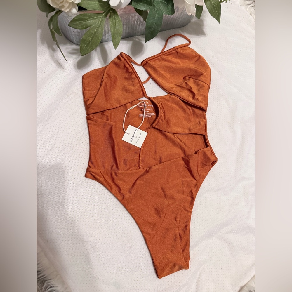 Cutout One-Piece Swimsuit in Rust Orange by Unknown Brand